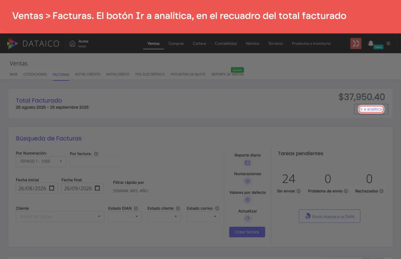 El recuadro con el total facturado en el rango de fechas del listado de facturas, y su botón Ir a analítica