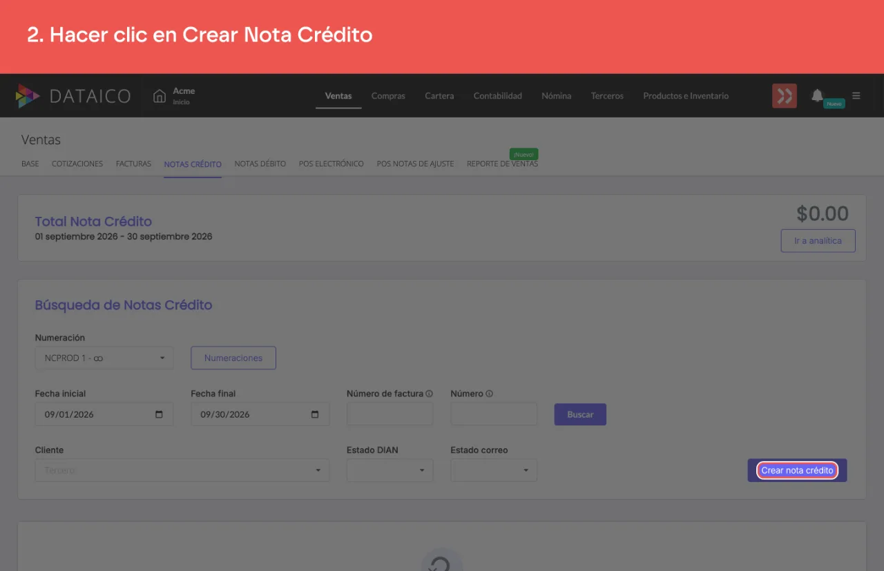 El control que abre el cuadro de una nota crédito nueva