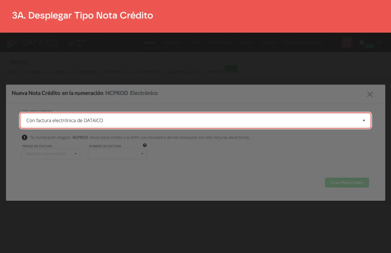 El selector de tipo de nota crédito