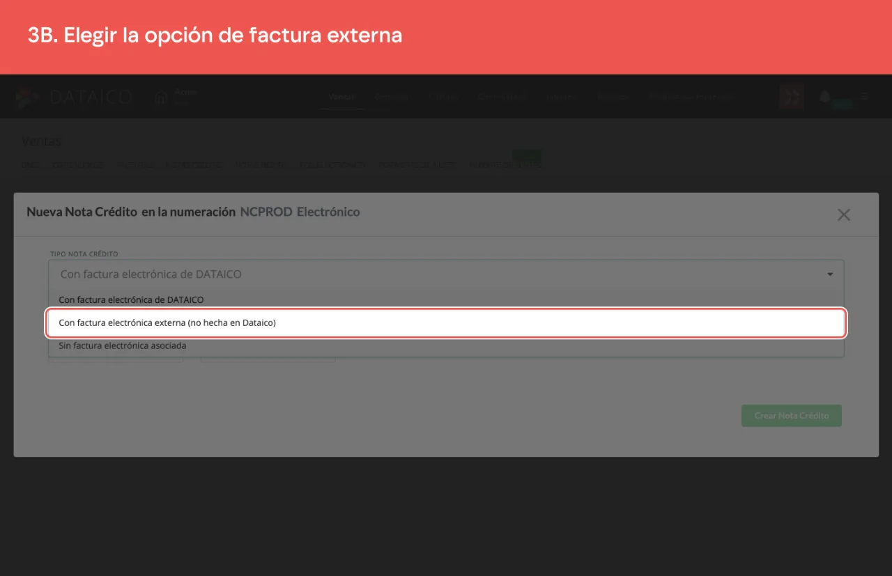 La opción de factura externa del selector de tipo