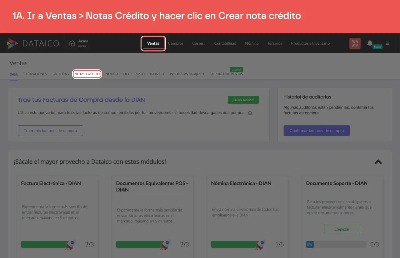 La pestaña Ventas del menú principal y la pestaña Notas Crédito