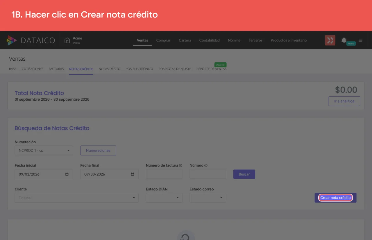 El botón que abre una nota crédito nueva