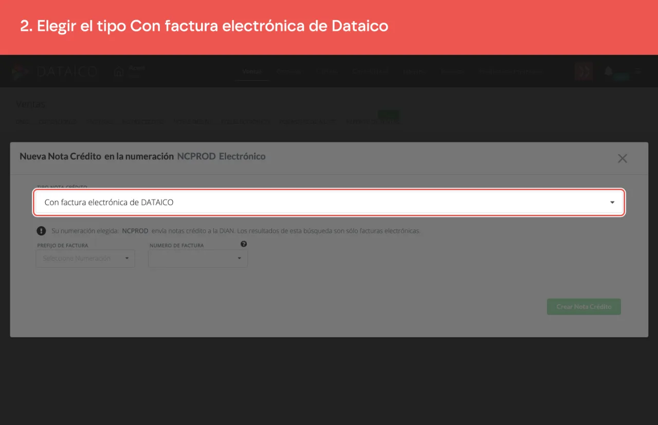 El selector de tipo de nota crédito