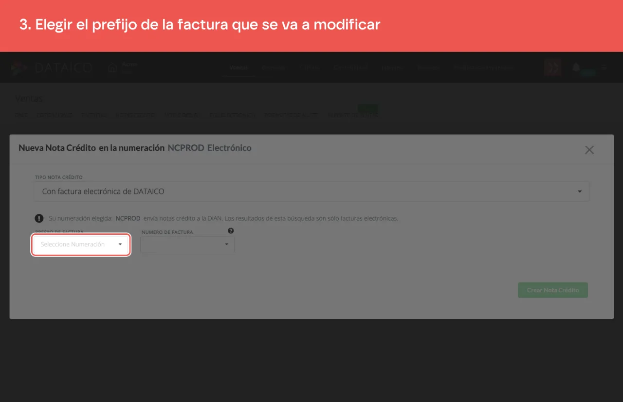 El selector de prefijo de factura