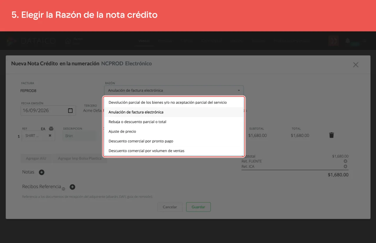 El selector de razón de la nota crédito, con la lista de razones abierta
