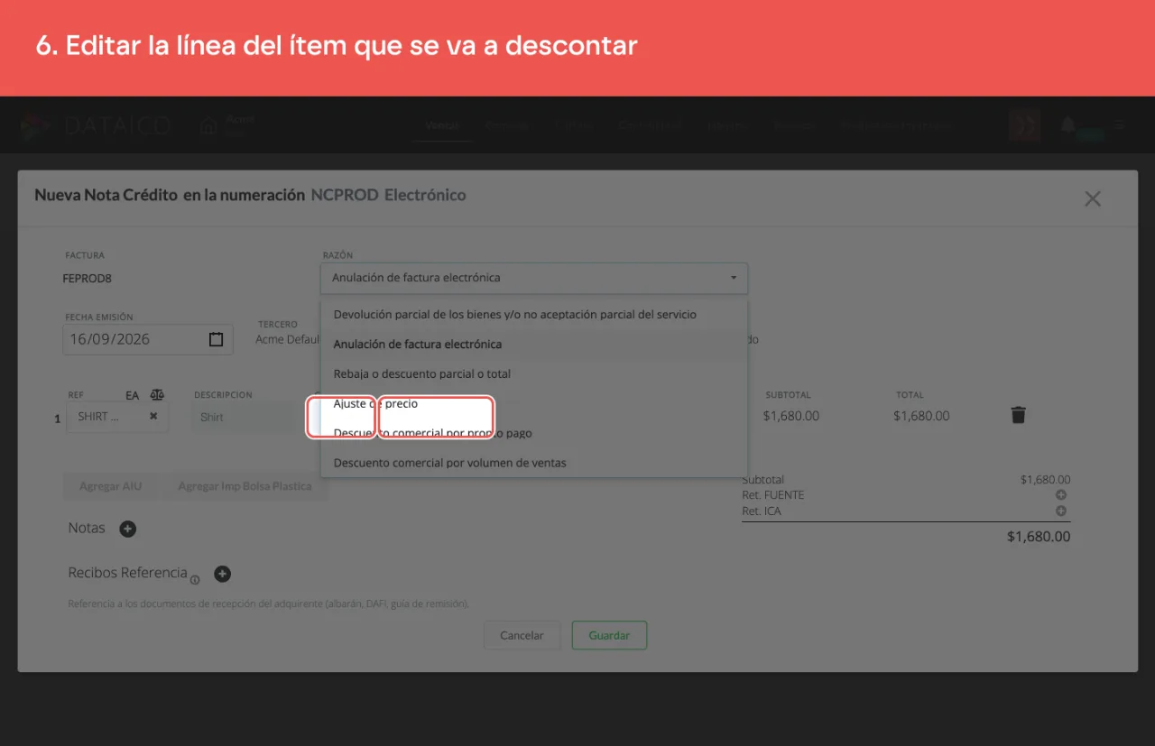 La línea de la nota crédito, con la cantidad y el precio que se van a descontar