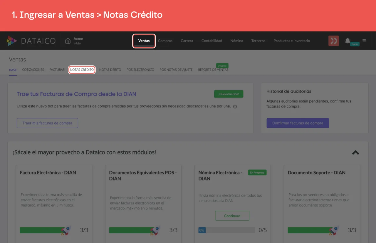 La pestaña Ventas del menú principal y la pestaña Notas Crédito