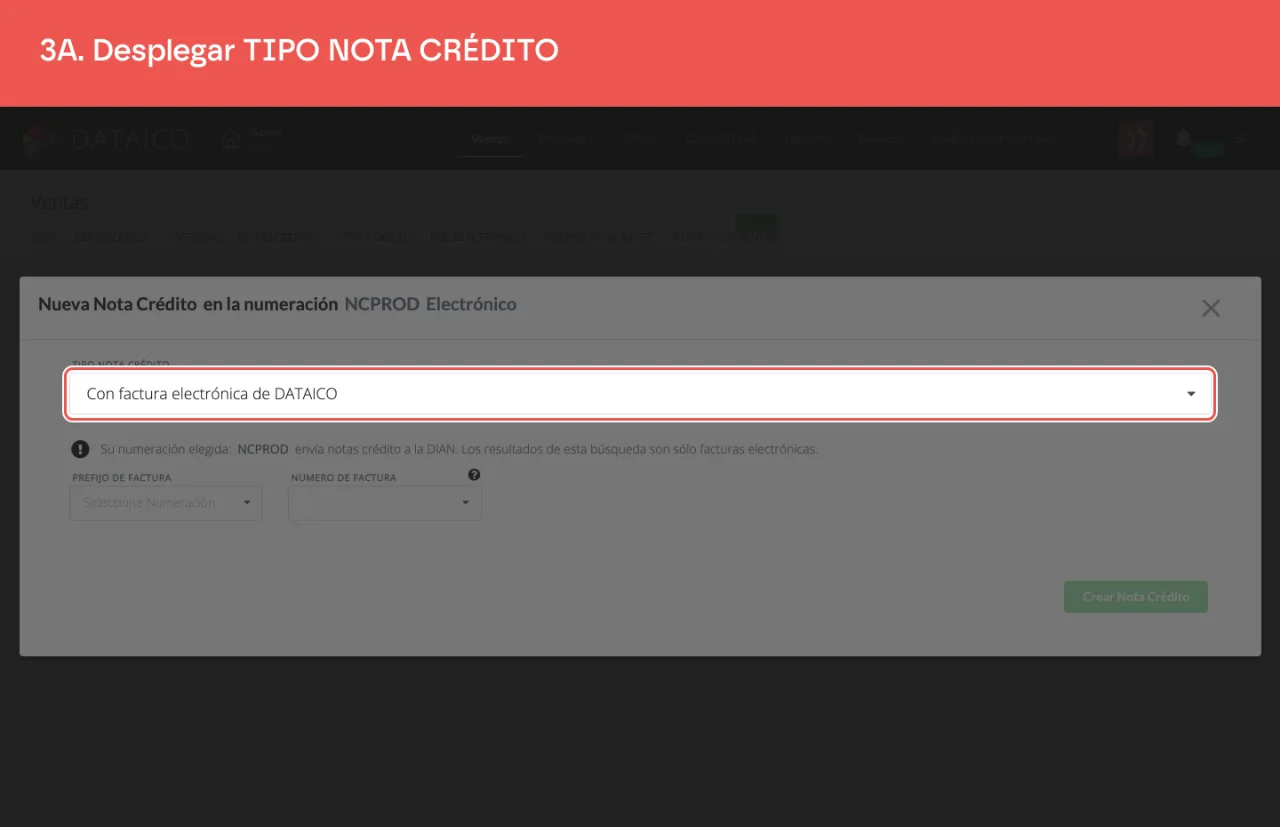 El selector de tipo de nota crédito, que llega con factura electrónica de Dataico