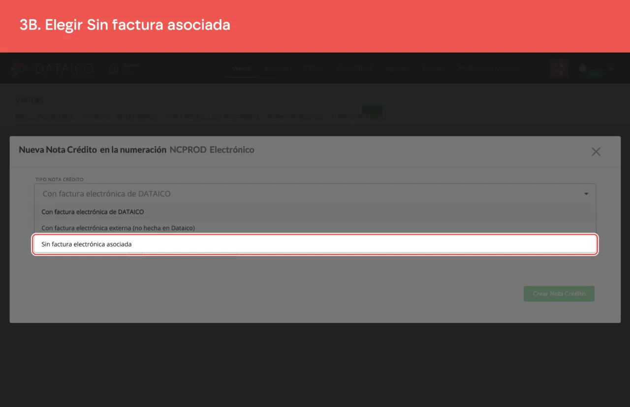 La opción Sin factura asociada del selector de tipo