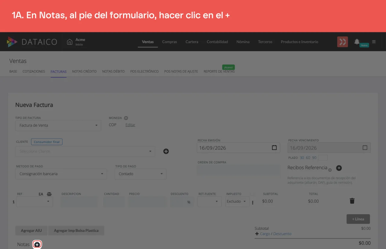 El control + de la sección Notas, al pie del formulario de la factura