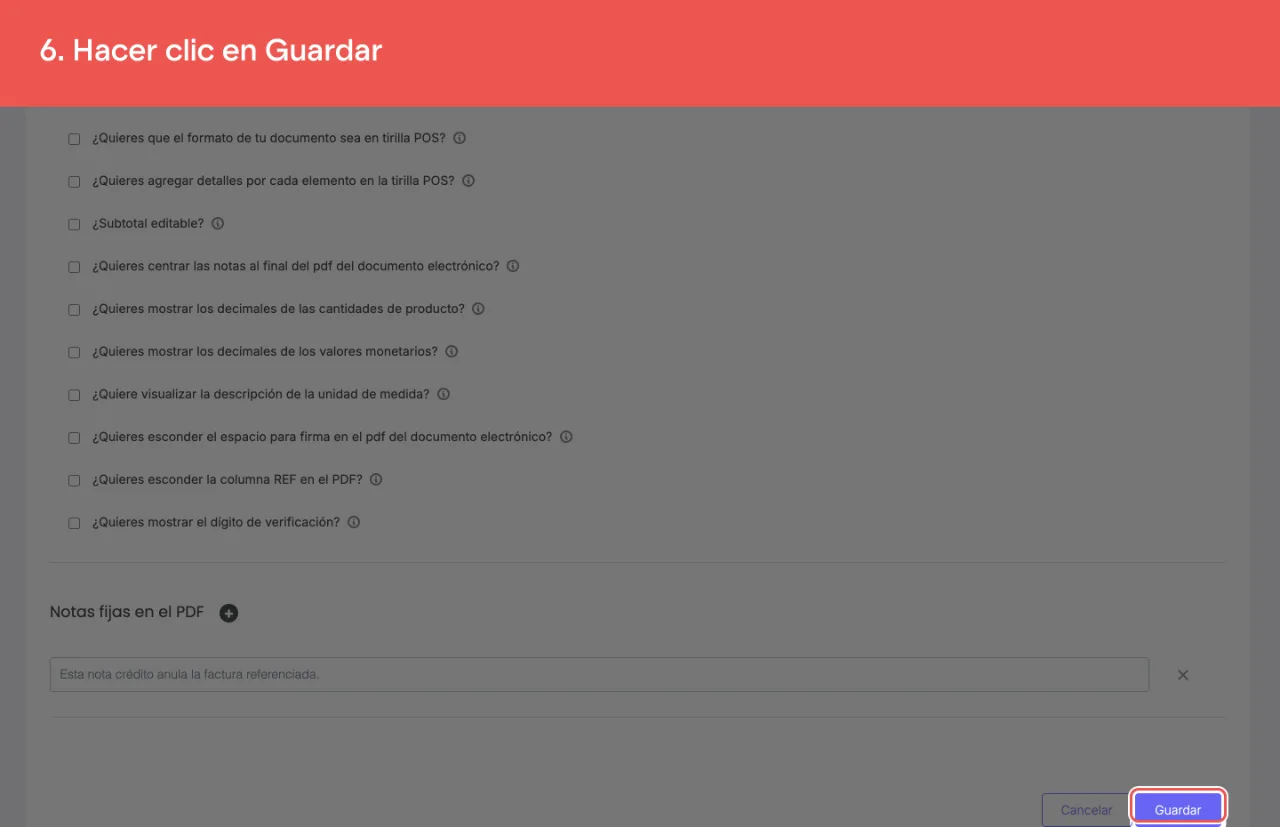 El botón Guardar de la numeración