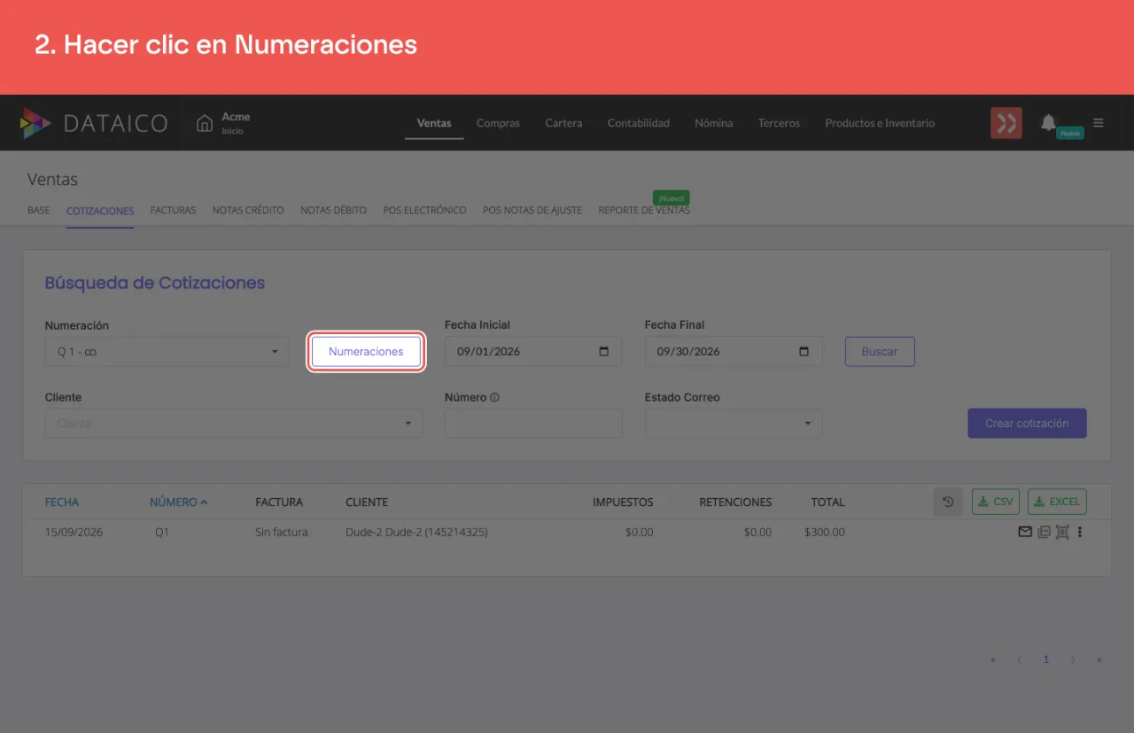 El botón Numeraciones, junto al selector de numeración