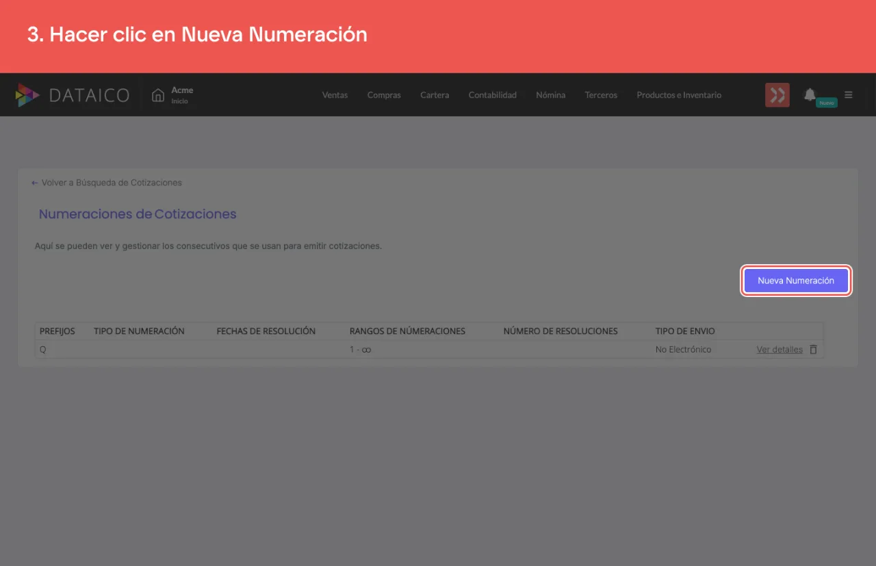 El botón Nueva Numeración, en el listado de numeraciones de cotizaciones