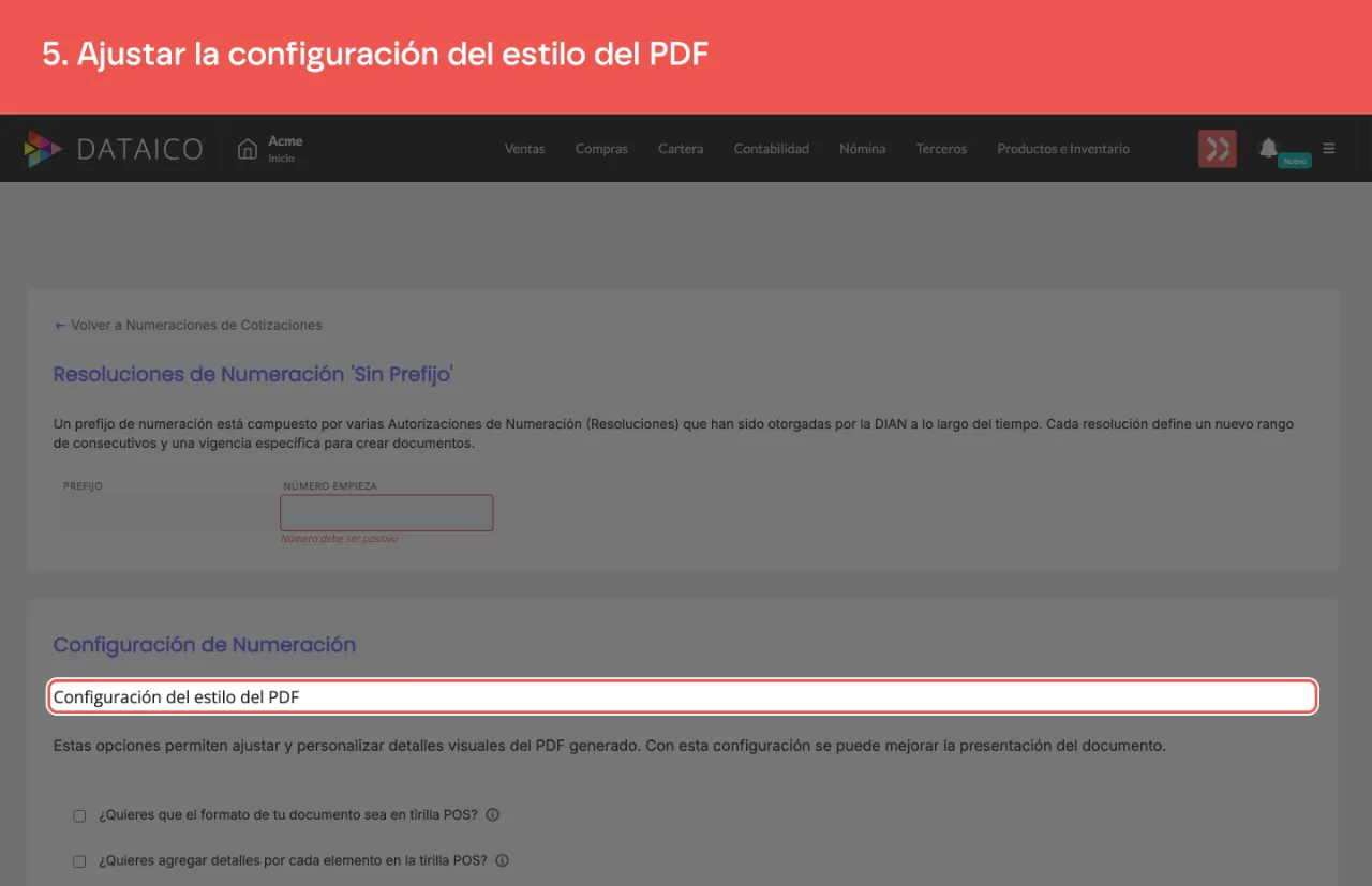 La sección Configuración del estilo del PDF del formulario de numeración