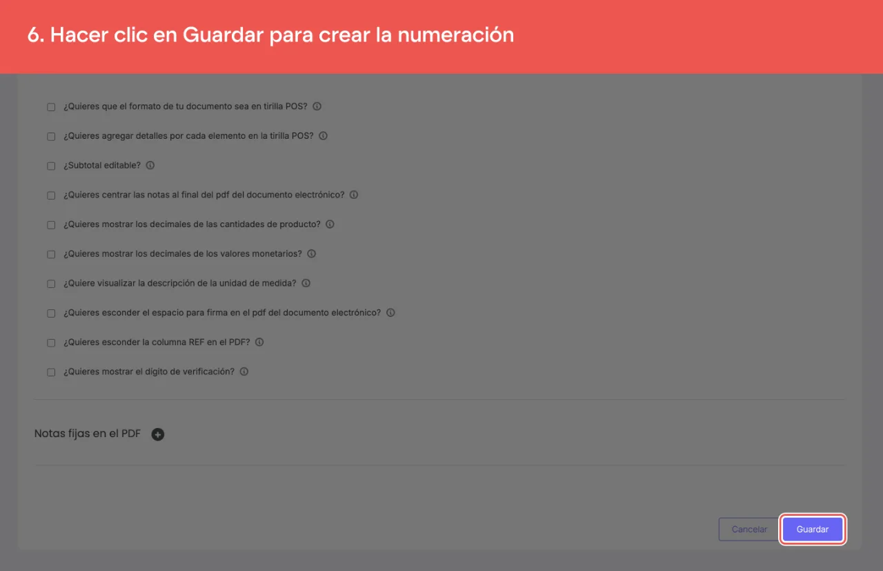 El botón Guardar del formulario de numeración