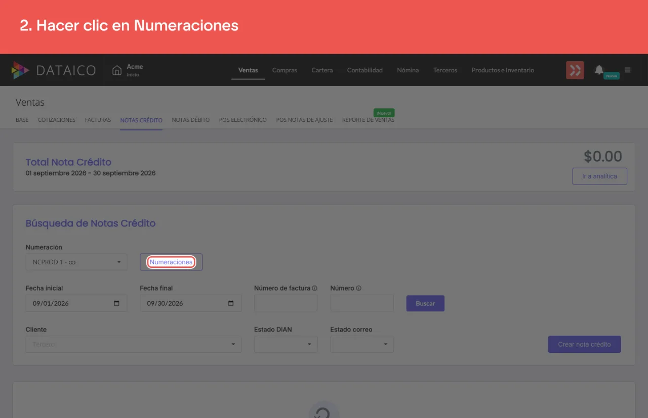 El control Numeraciones del listado de notas crédito