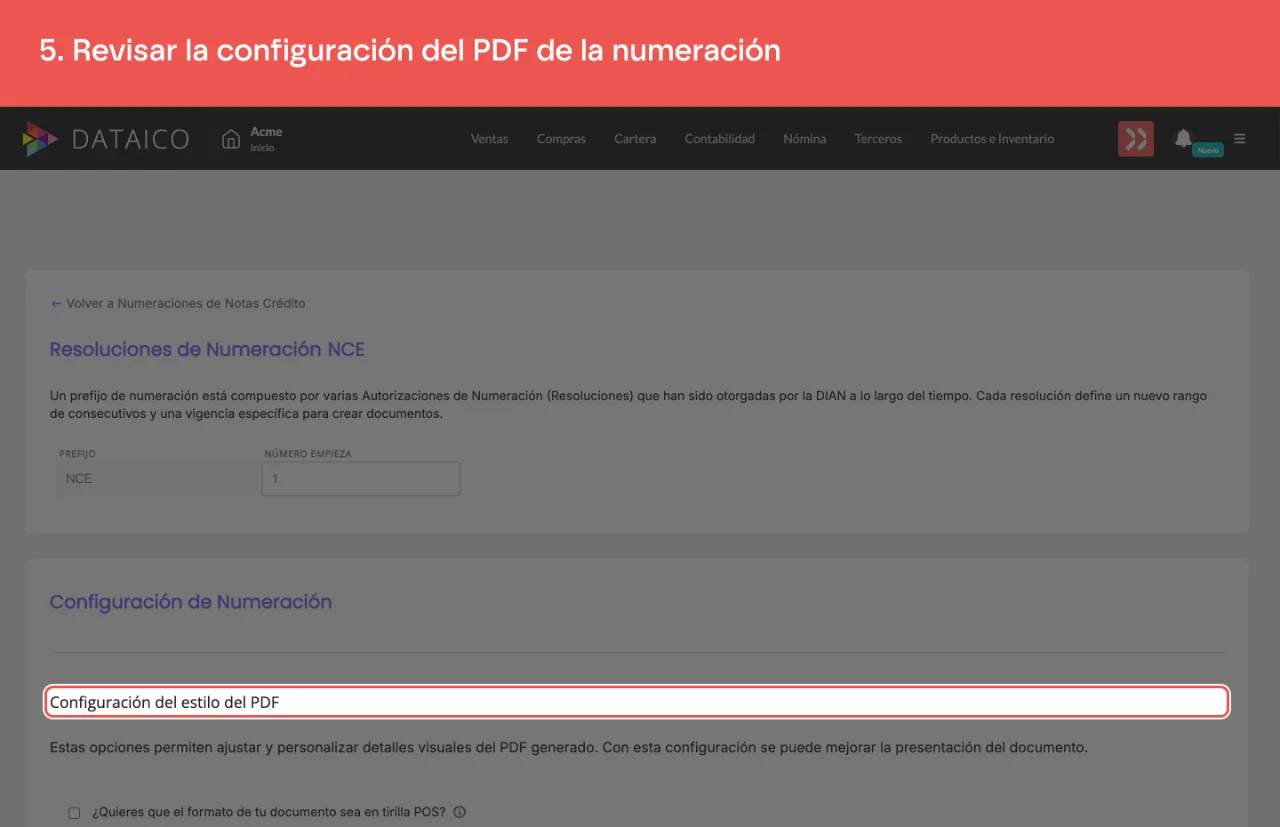 La sección que configura el estilo del PDF de las notas crédito