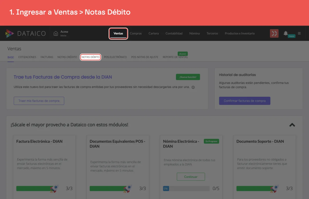 La pestaña Ventas del menú principal y la pestaña Notas Débito