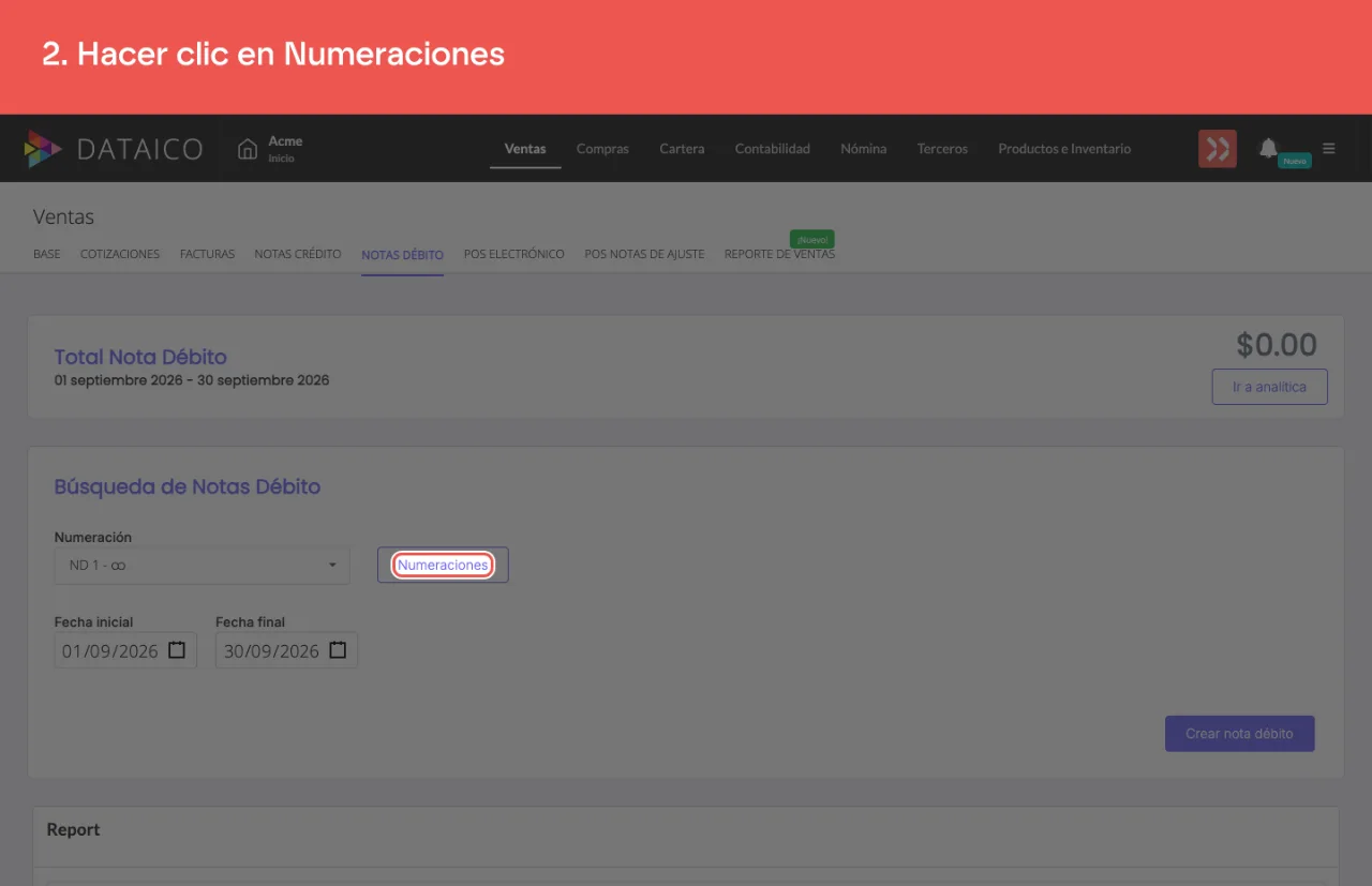 El control Numeraciones del listado de notas débito