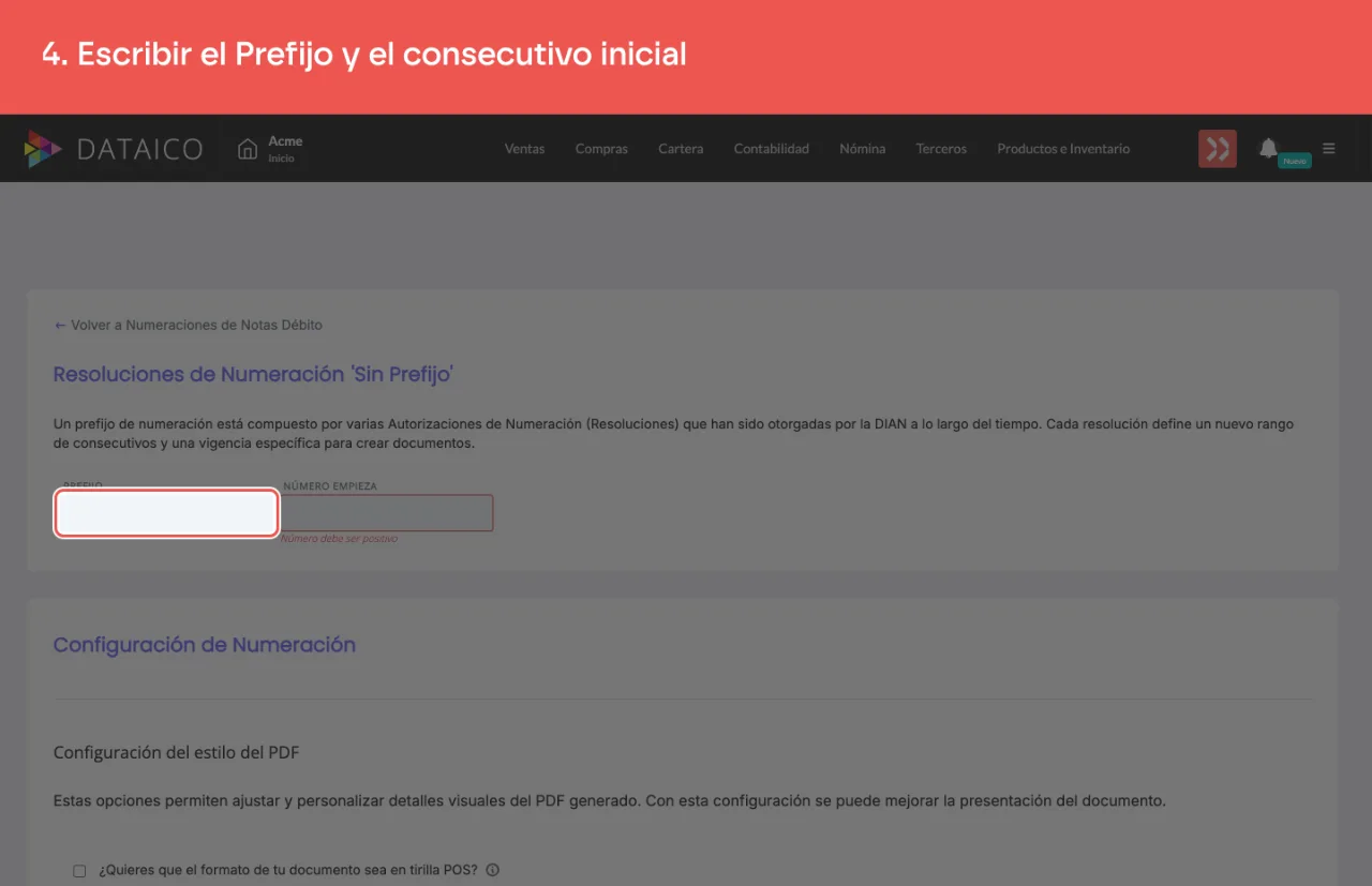 El campo Prefijo de la numeración de notas débito
