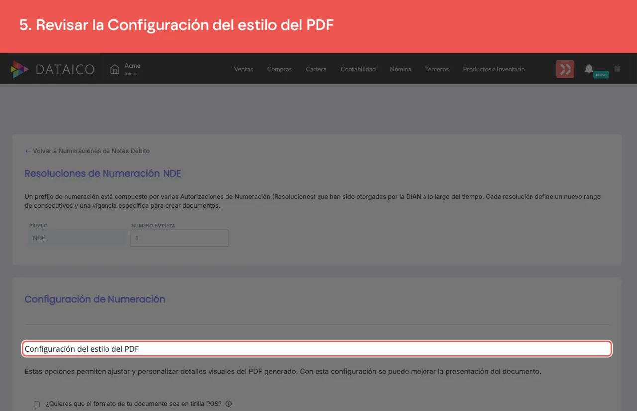 La sección que configura el estilo del PDF de las notas débito
