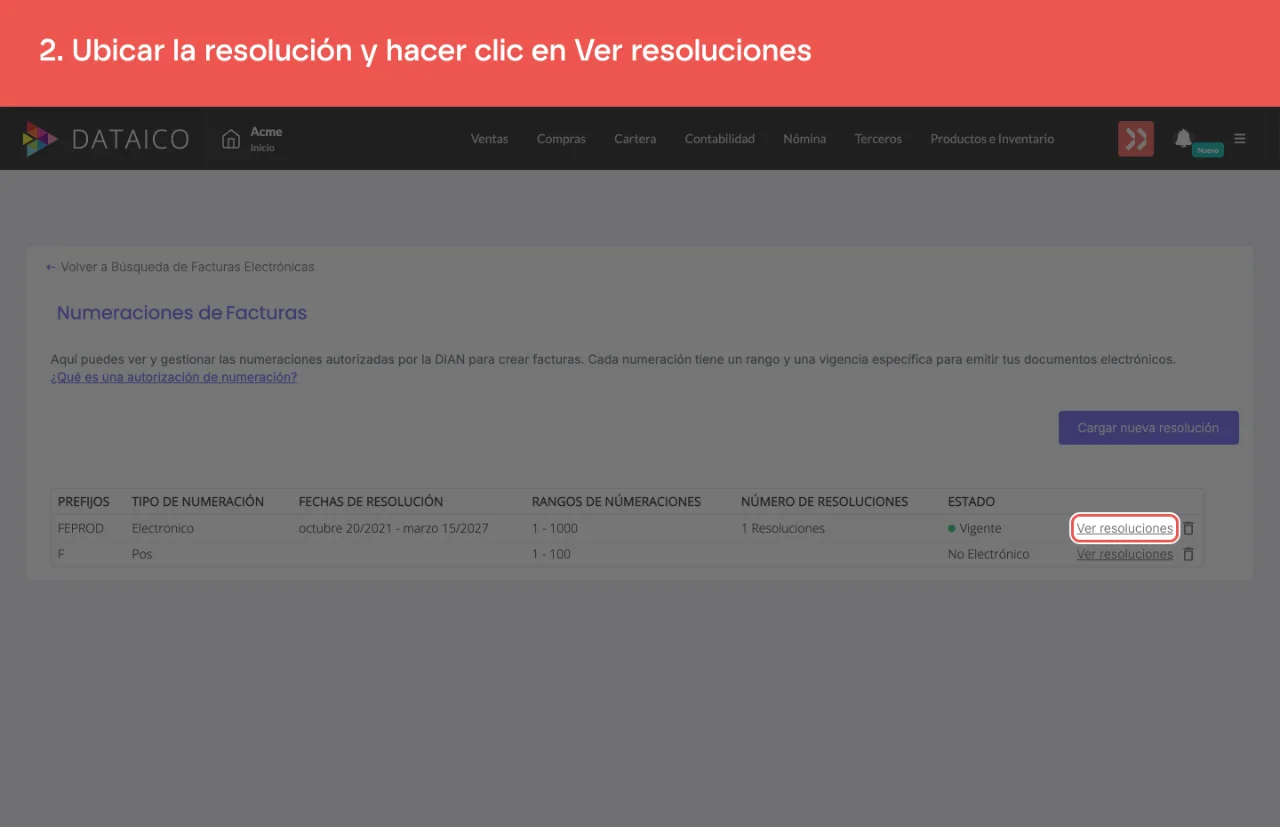 La acción Ver resoluciones de la numeración, en el listado de numeraciones