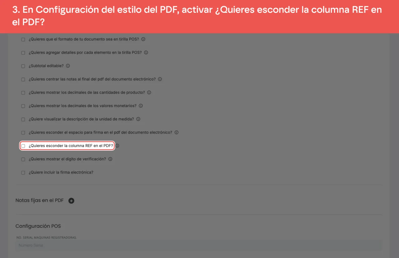 La opción que esconde la columna REF, dentro de la configuración del estilo del PDF