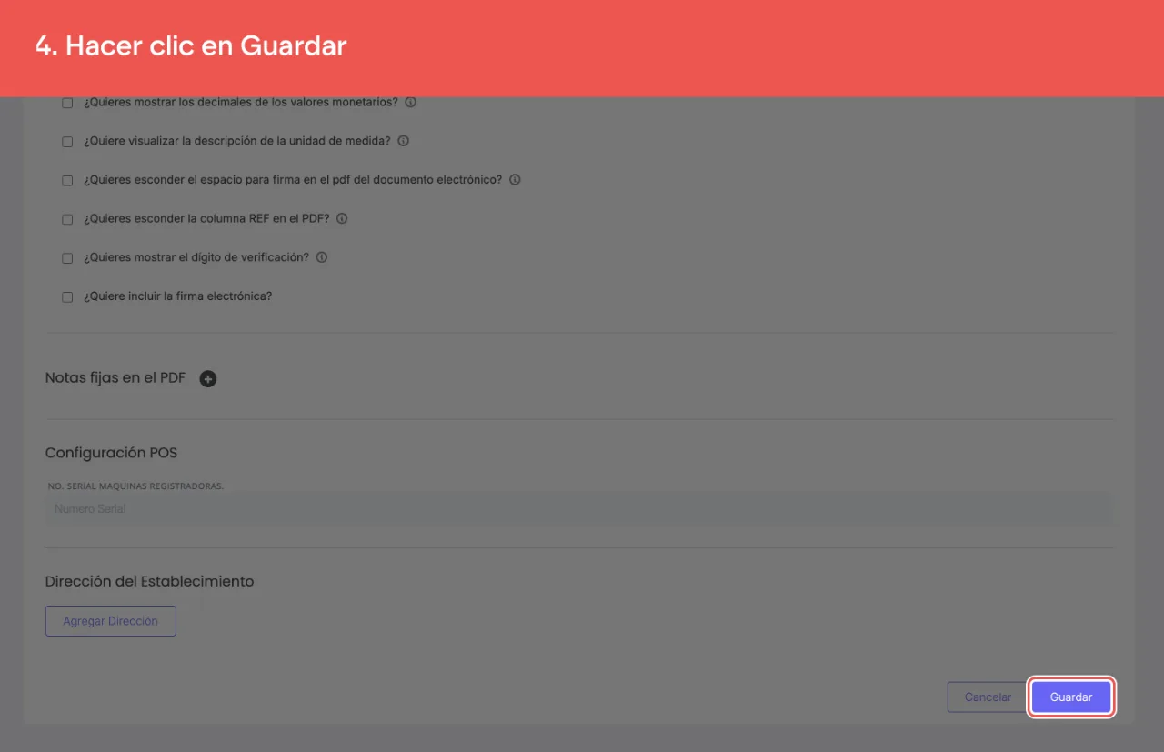 El botón Guardar de la configuración de la numeración