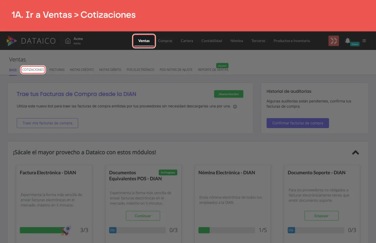 La pestaña Ventas del menú principal y la pestaña Cotizaciones de la barra de secciones