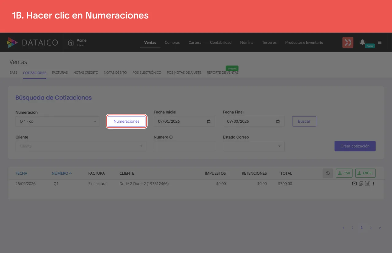 El botón Numeraciones, junto al selector de numeración de cotizaciones