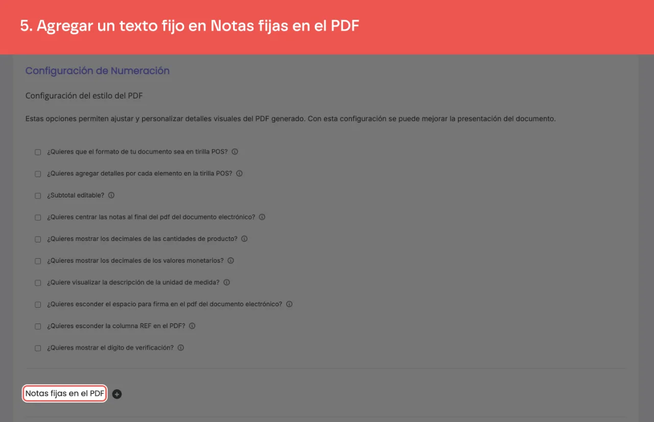 La sección Notas fijas en el PDF de la numeración de cotizaciones