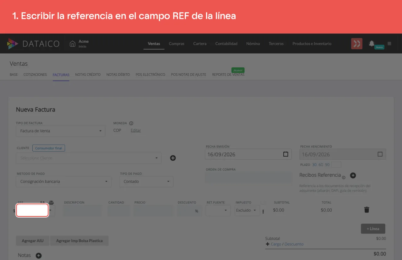El campo REF de la línea, con la referencia escrita y la coincidencia abajo