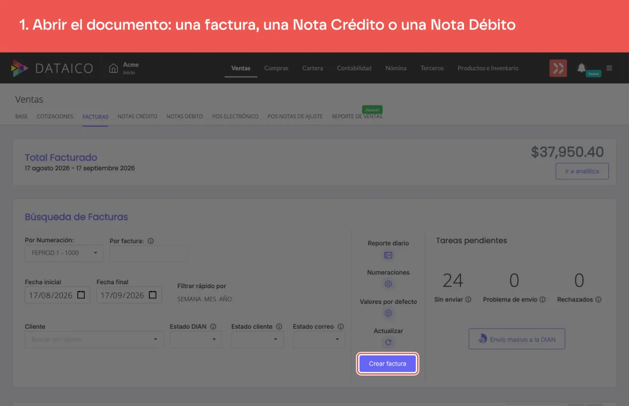 El botón Crear factura, en el listado de facturas