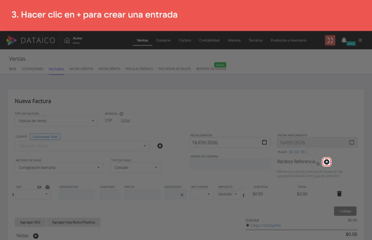 El botón + que agrega una entrada de recibo referencia
