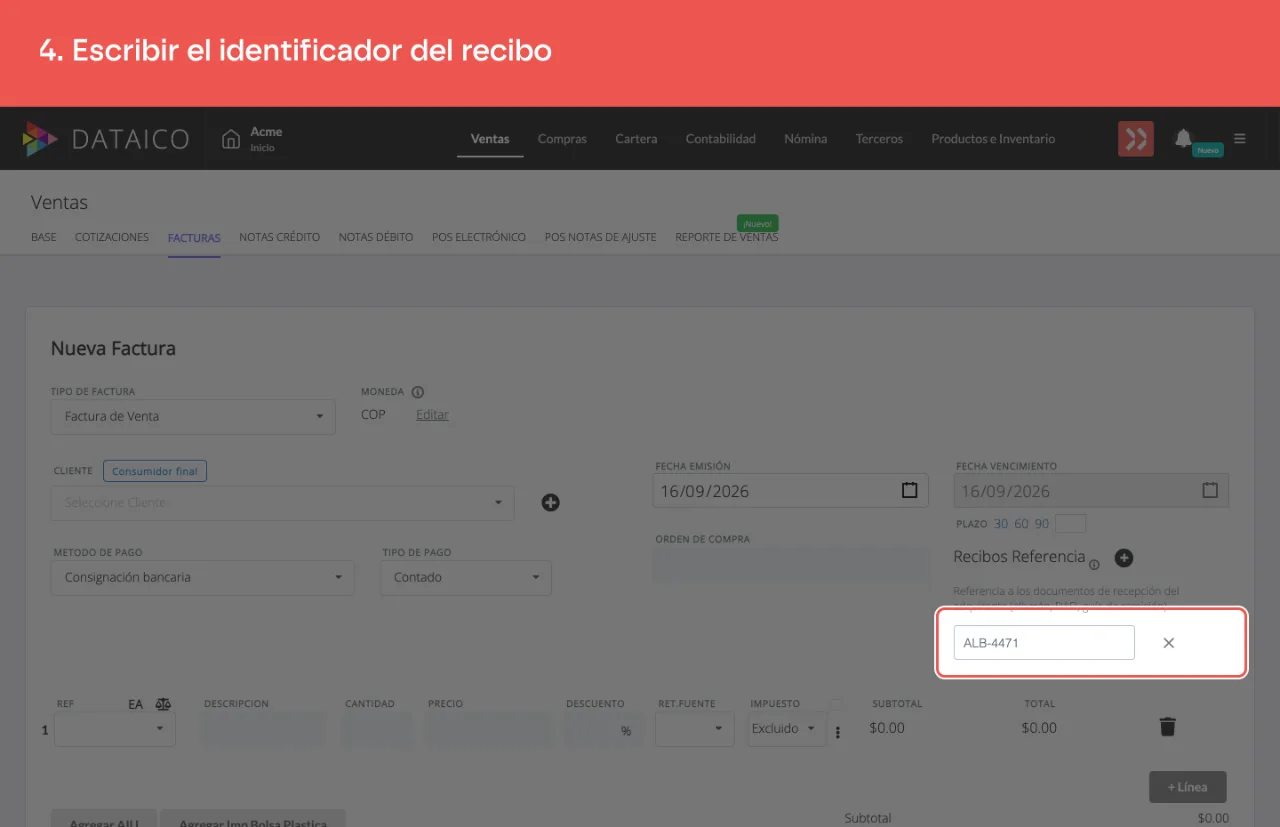 La entrada con el identificador del recibo escrito, y la X que la quita