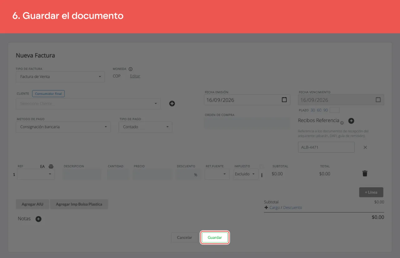 El botón Guardar del formulario de la factura