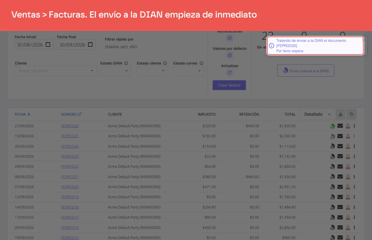 El aviso Tratando de enviar a la DIAN el documento, que aparece arriba a la derecha al hacer clic en el ícono DIAN de la factura