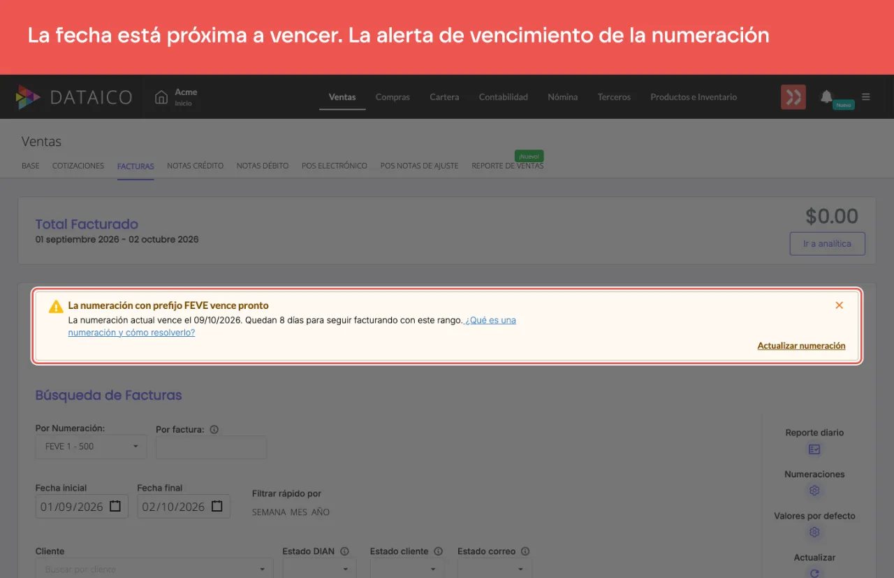La alerta amarilla en Ventas > Facturas: la numeración con prefijo FEVE vence pronto, con la fecha de vencimiento, los días que quedan y el enlace Actualizar numeración