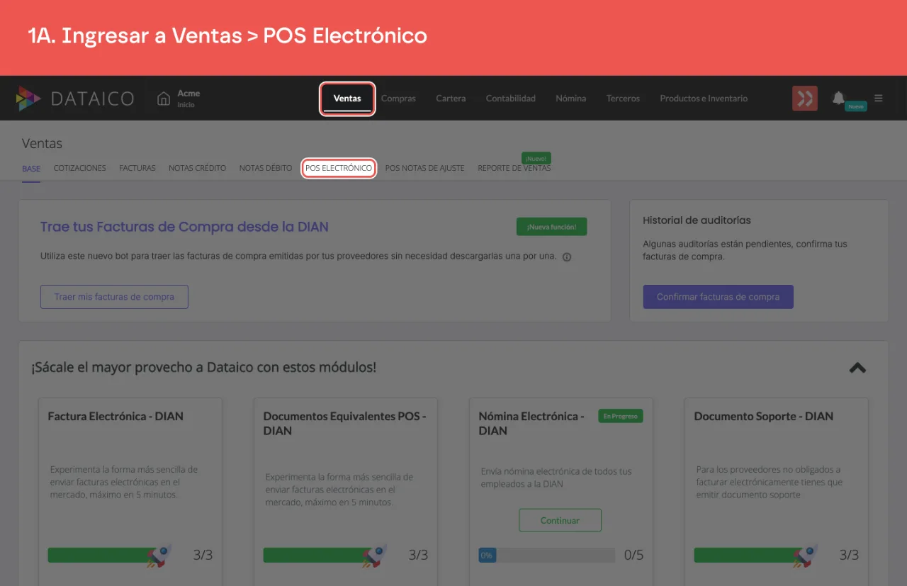 La pestaña Ventas del menú principal y la pestaña POS Electrónico
