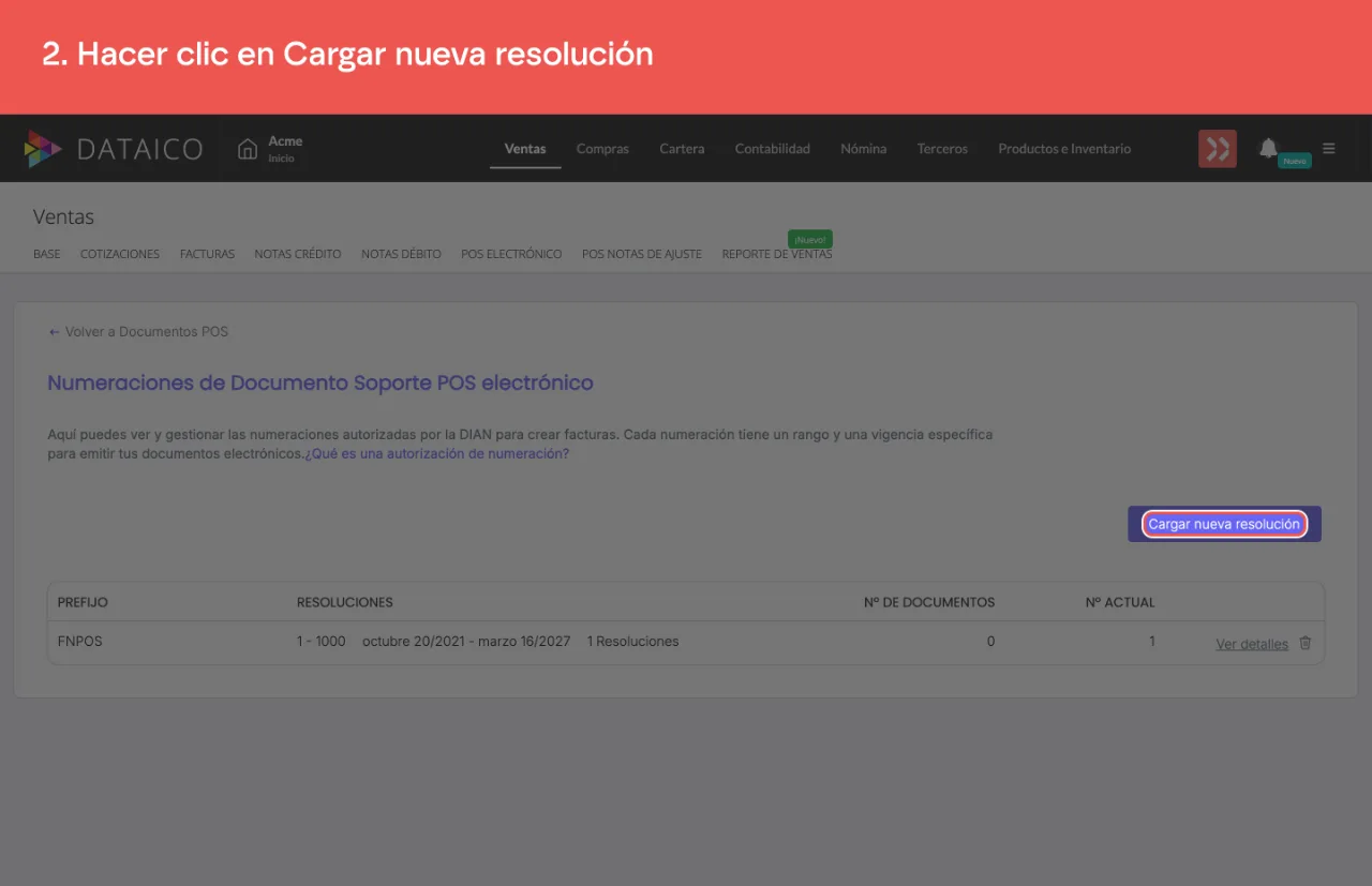 El botón que carga una resolución nueva, en las numeraciones de POS