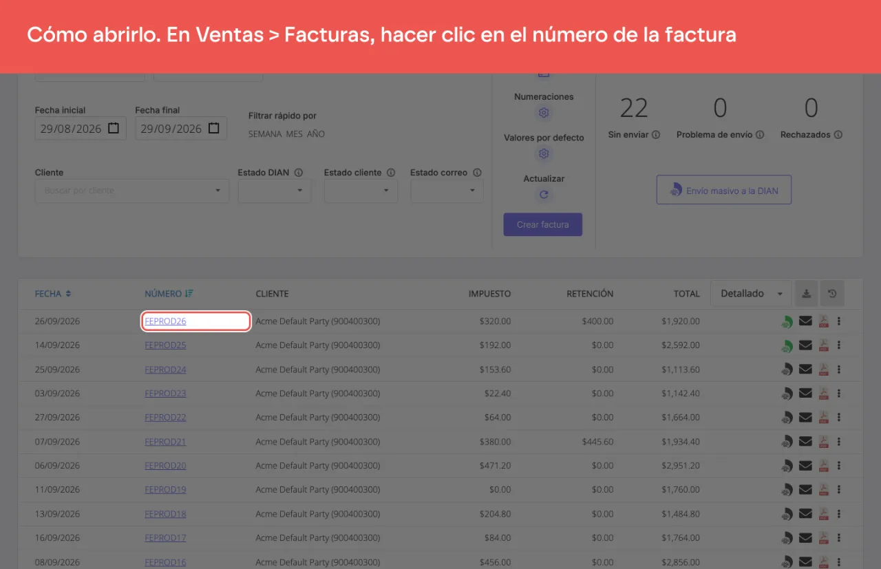 El listado de facturas, con el número de la factura que abre su resumen detallado