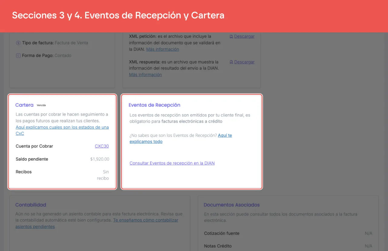 Los grupos Cartera, con la cuenta por cobrar y el saldo pendiente, y Eventos de Recepción, con la consulta de eventos en la DIAN