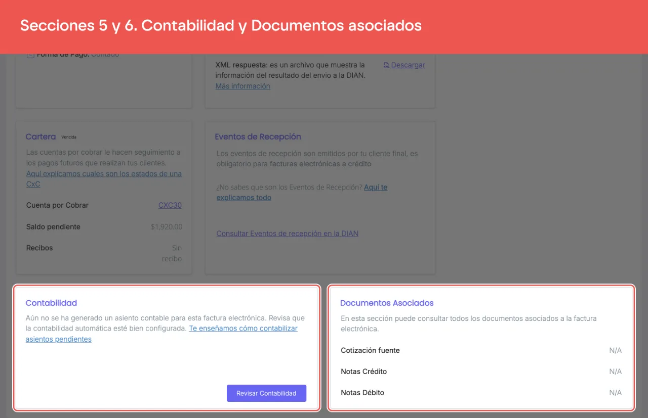 Los grupos Contabilidad, con los asientos de la factura, y Documentos asociados, con la cotización fuente y las notas crédito
