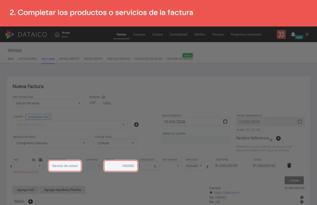 La línea de la factura, con su descripción y su precio