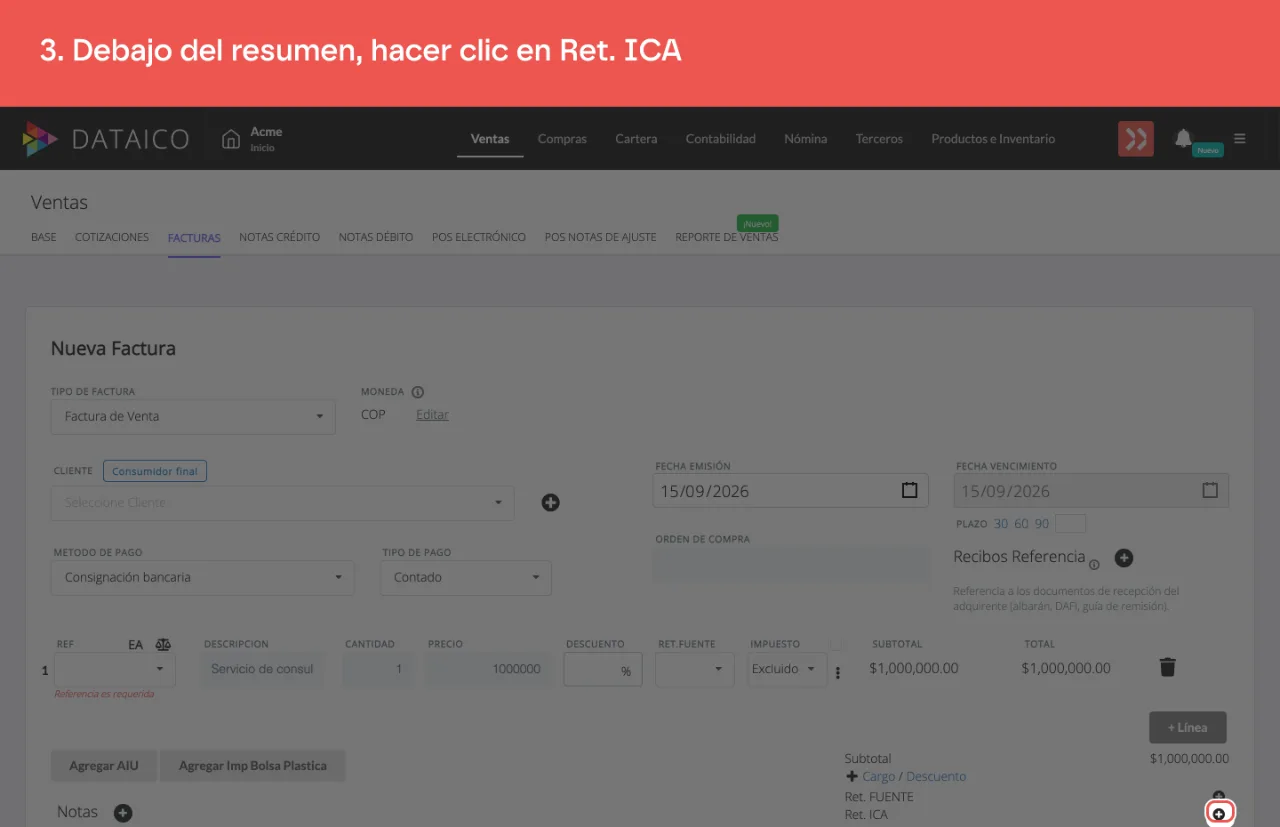 El control Ret. ICA, debajo del resumen de valores de la factura