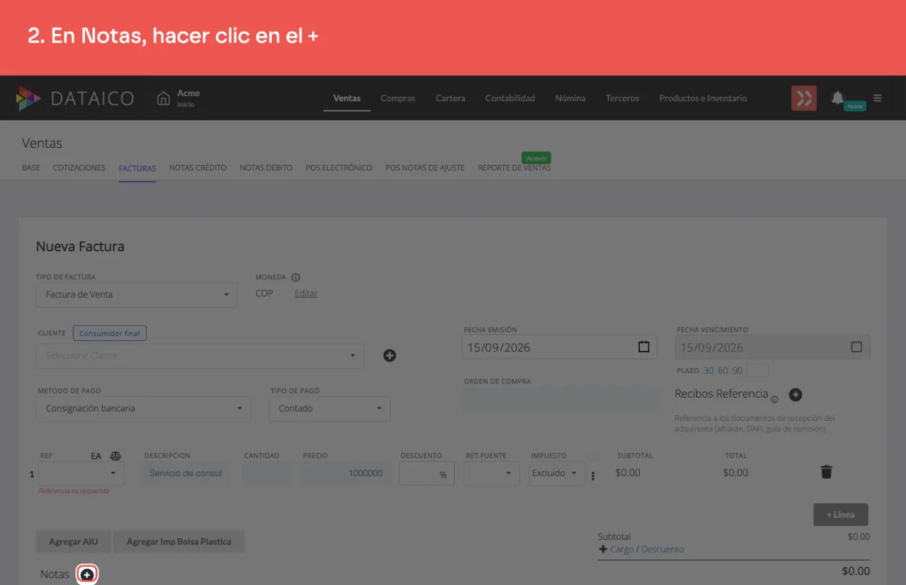 El control + de la sección Notas, en la parte inferior izquierda del formulario