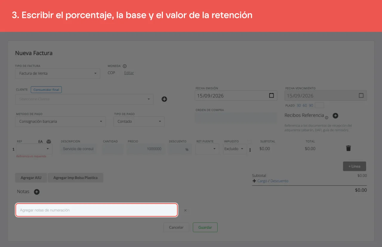 El campo de notas del documento, con la retención informada escrita