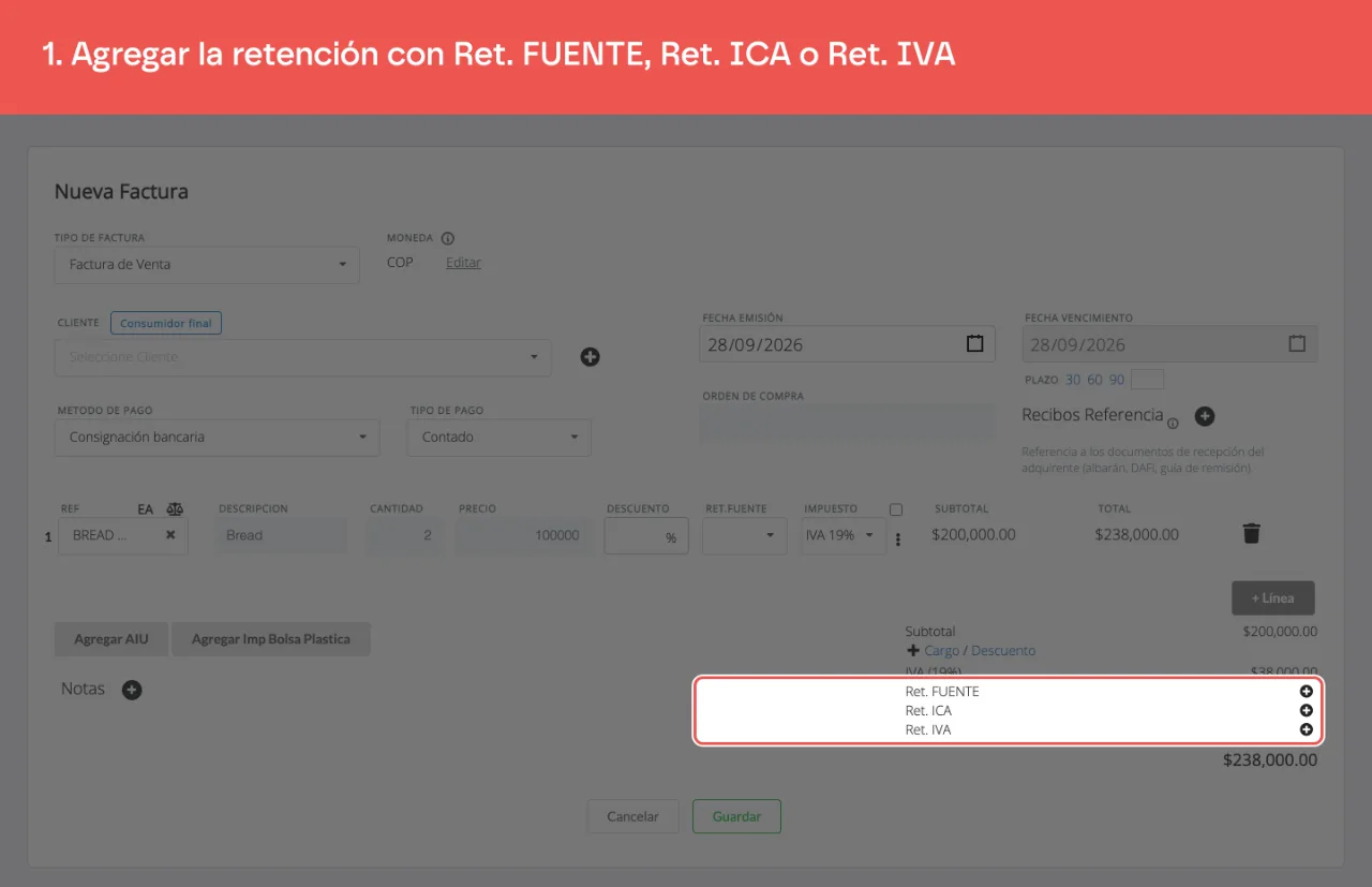 El resumen al pie de la factura, con las filas para agregar Ret. FUENTE, Ret. ICA y Ret. IVA debajo del subtotal