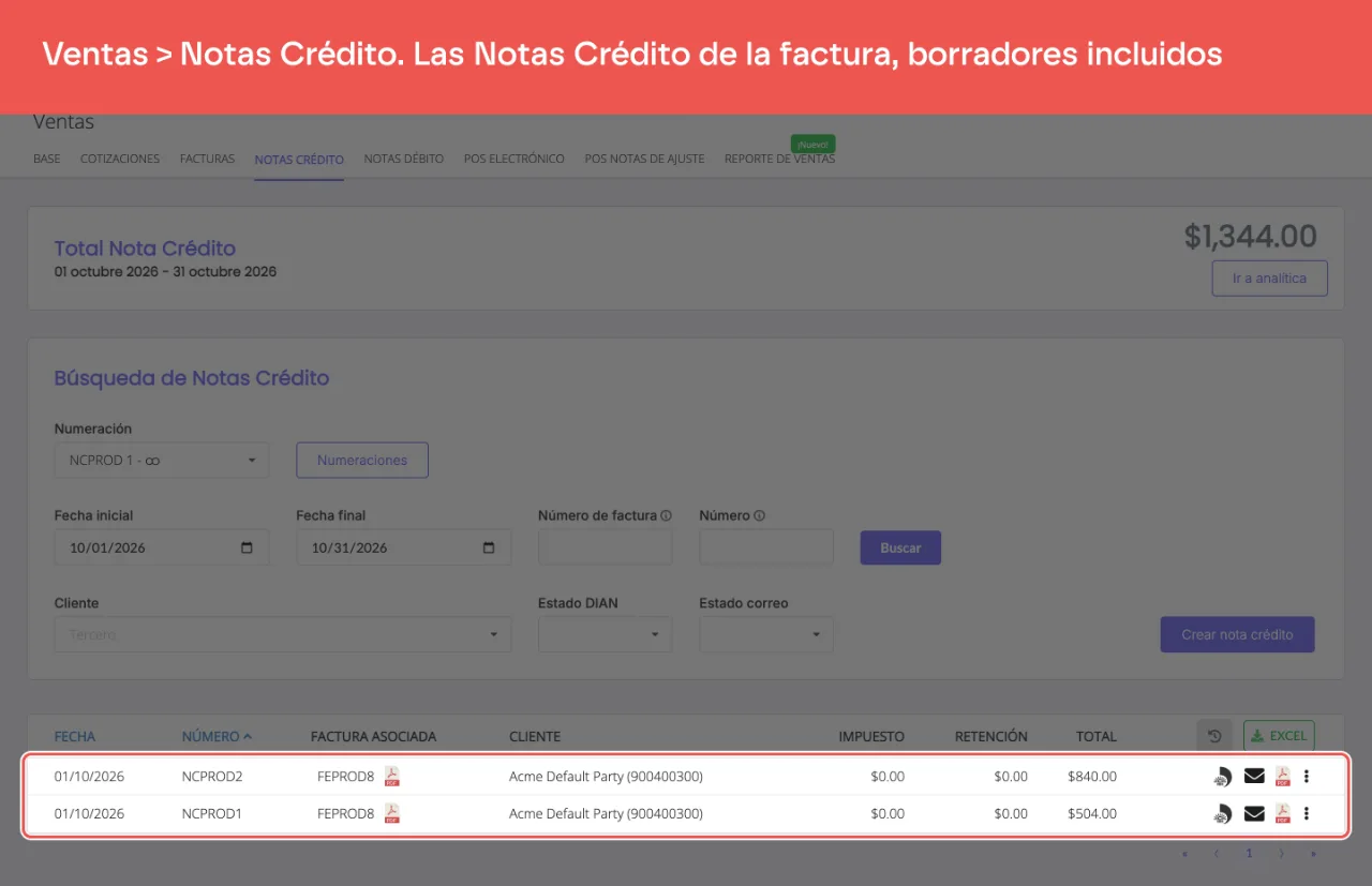 Las dos Notas Crédito de la factura FEPROD8 en el listado, las dos sin enviar a la DIAN: también cuentan en el acumulado que se compara contra el total de la factura