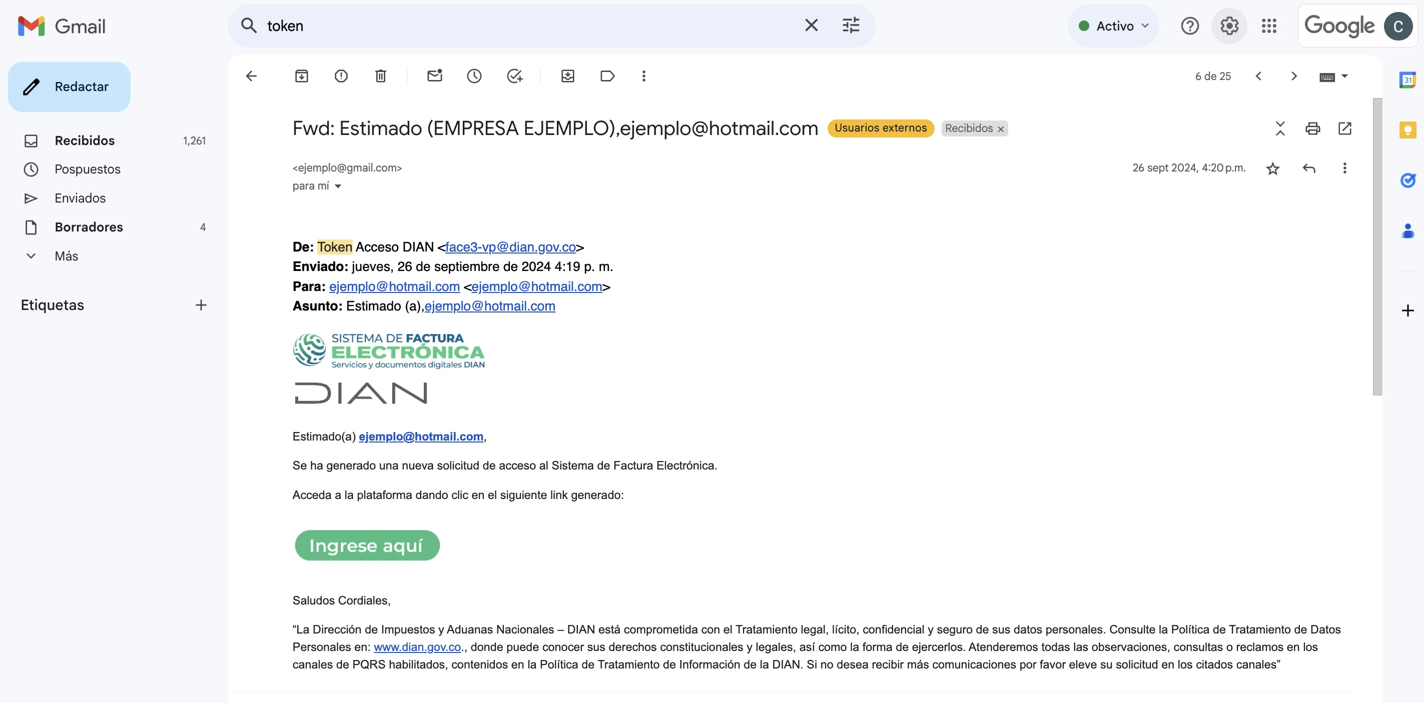 El correo Token Acceso DIAN del Sistema de Factura Electrónica, con el botón Ingrese aquí, que es el que se reenvía al Bot de Dataico